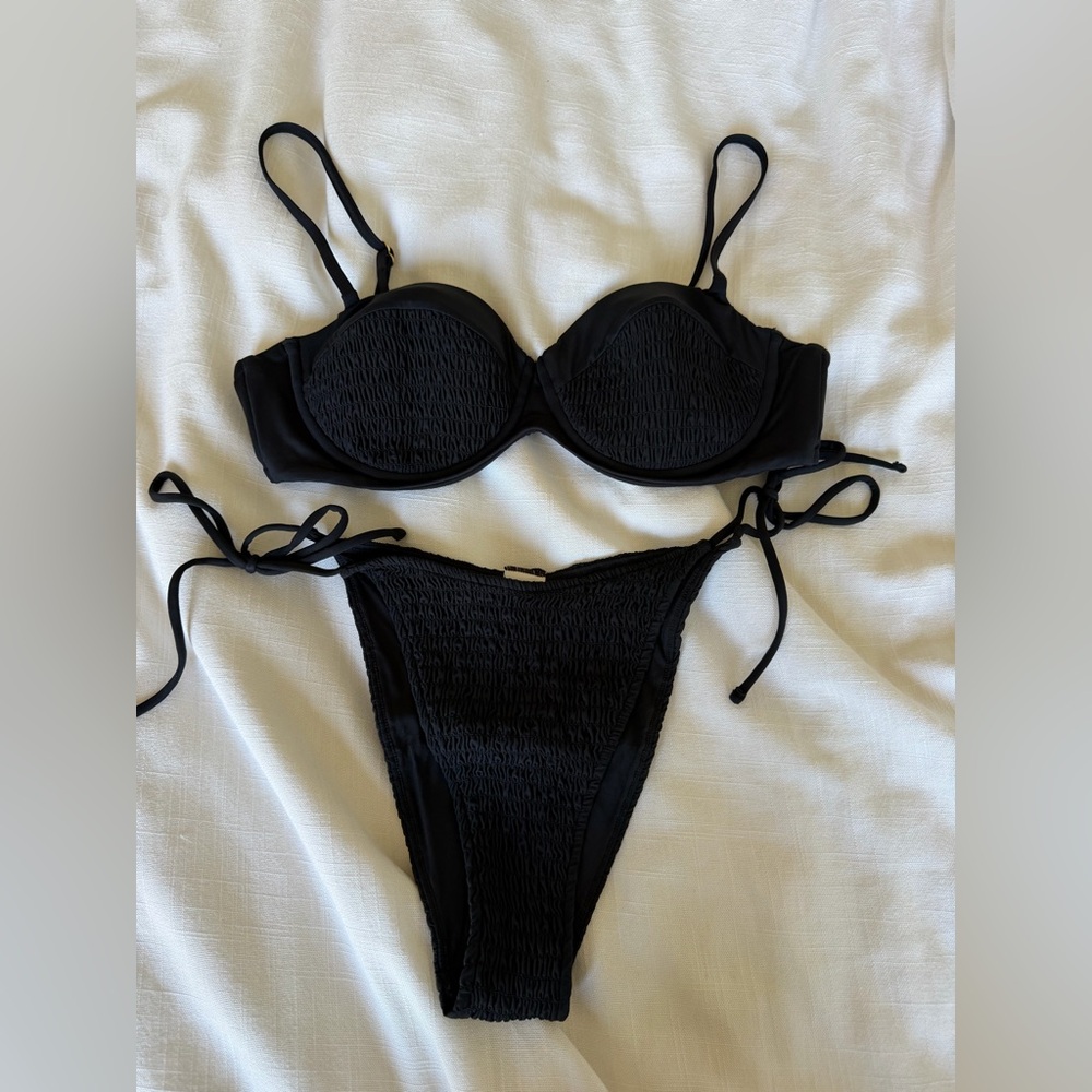 LSPACE Black Smocked Underwire Bikini Set
